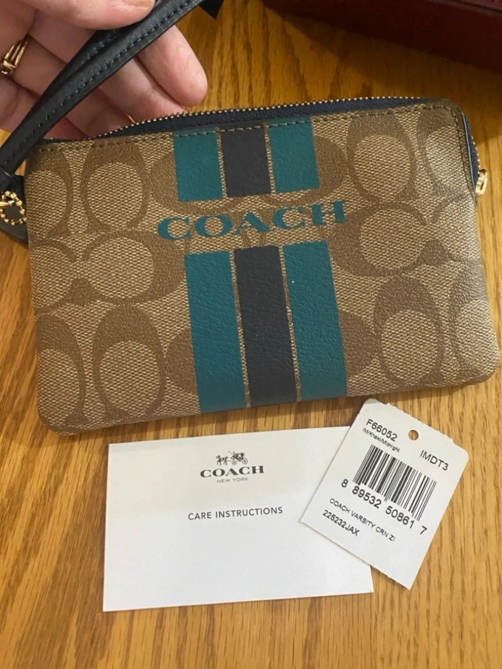 Coach Varsity Stripe Corner Zip Wristlet Signature Tan with Teal and Navy NWT